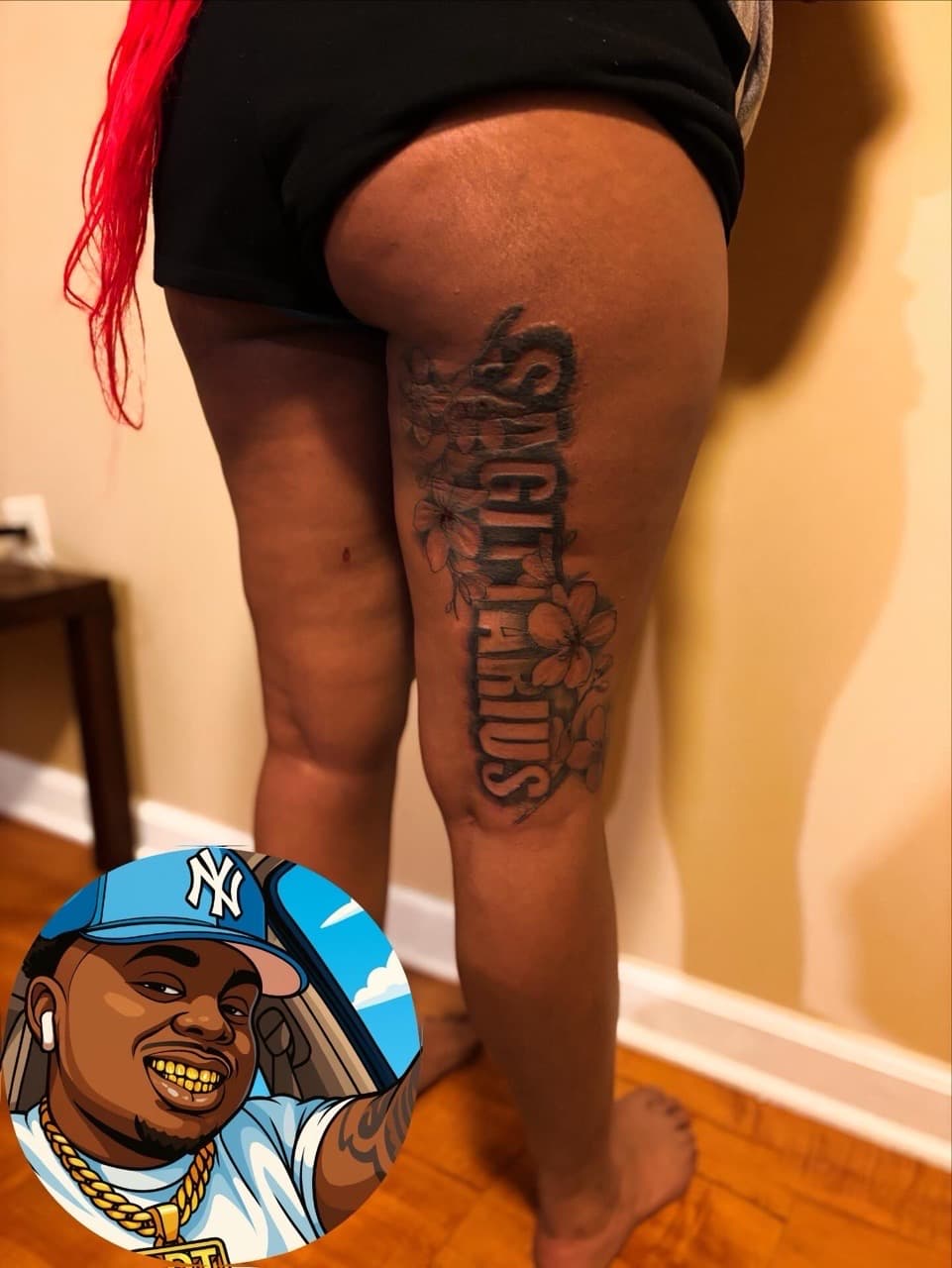 Lettering + Floral sagittarius tattoo on Thigh by 32_Incc_STUDIOS_LLC. on TattMe