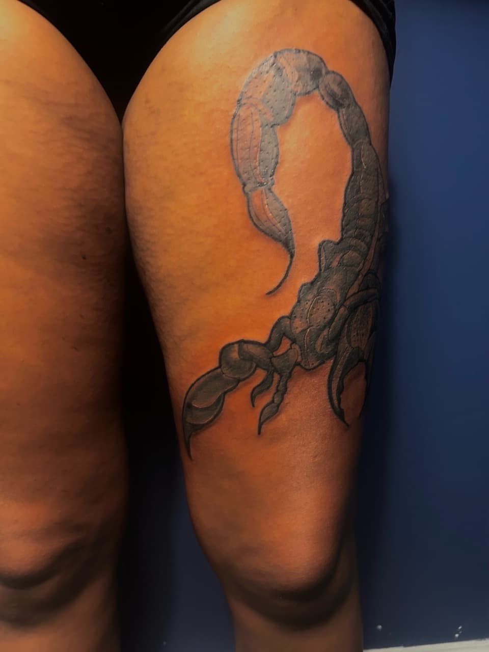 Black & Grey + Dot-work scorpion tattoo on Thigh by 32_Incc_STUDIOS_LLC. on TattMe