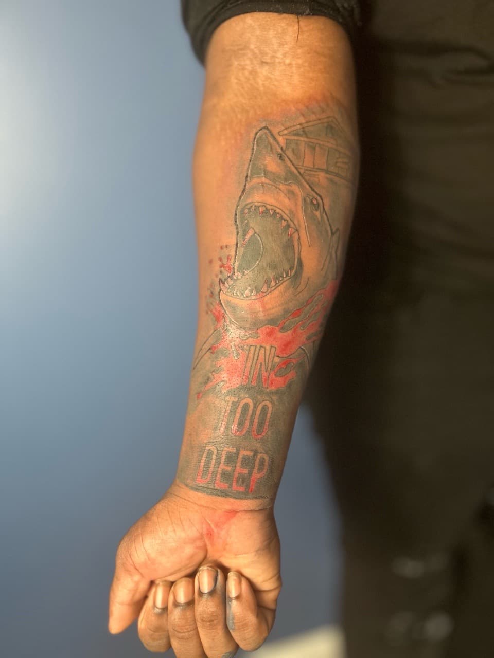 Illustrative + Lettering shark tattoo on Forearm by 32_Incc_STUDIOS_LLC. on TattMe