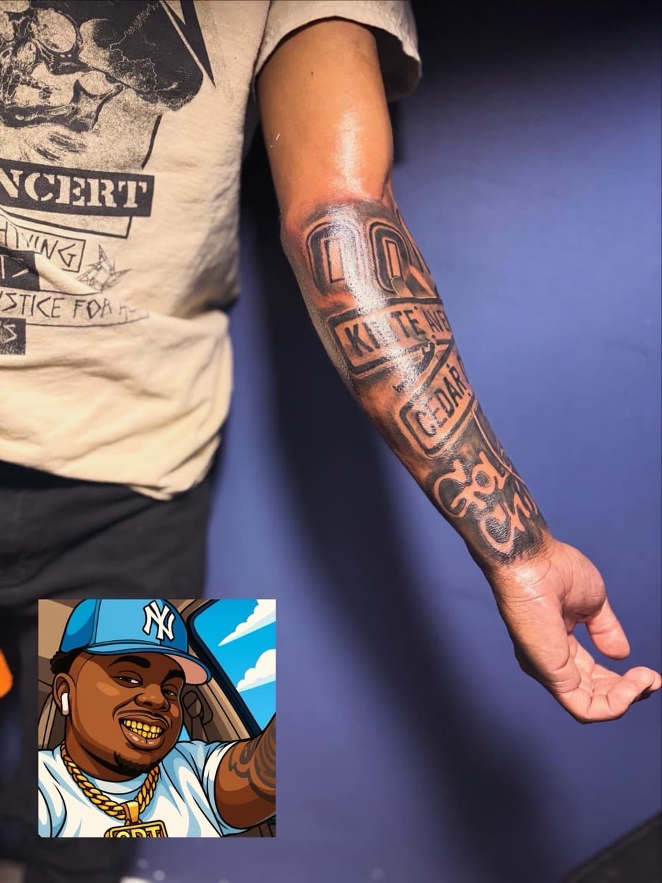 Black & Grey + Lettering street signs tattoo on Forearm by 32_Incc_STUDIOS_LLC. on TattMe