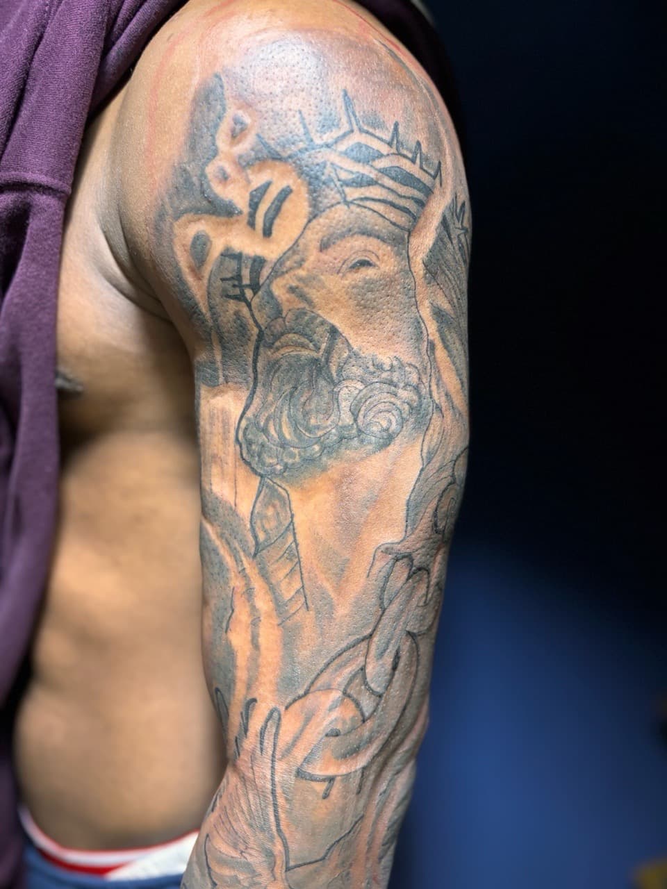 Black & Grey + Illustrative jesus tattoo on Full Sleeve by 32_Incc_STUDIOS_LLC. on TattMe