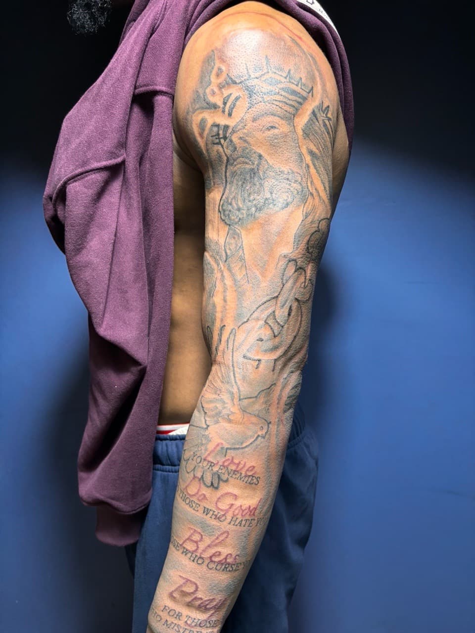 Lettering + Script dove tattoo on Full Sleeve by 32_Incc_STUDIOS_LLC. on TattMe