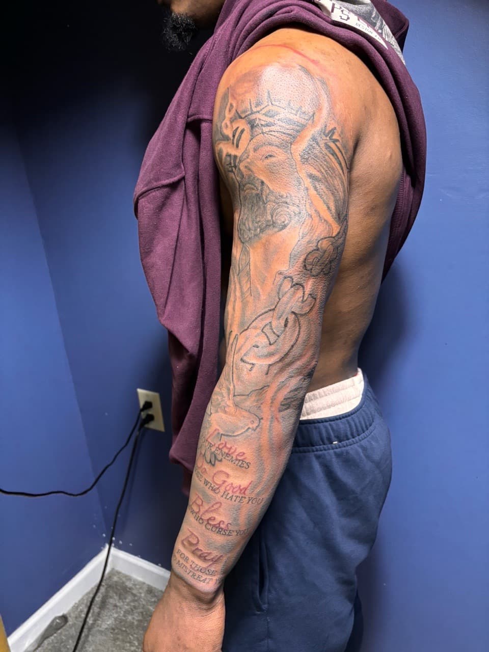Lettering + Script jesus tattoo on Full Sleeve by 32_Incc_STUDIOS_LLC. on TattMe