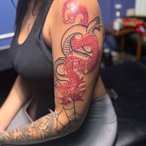 Japanese + Black-work dragon tattoo on Upper Arm by 32_Incc_STUDIOS_LLC. on TattMe
