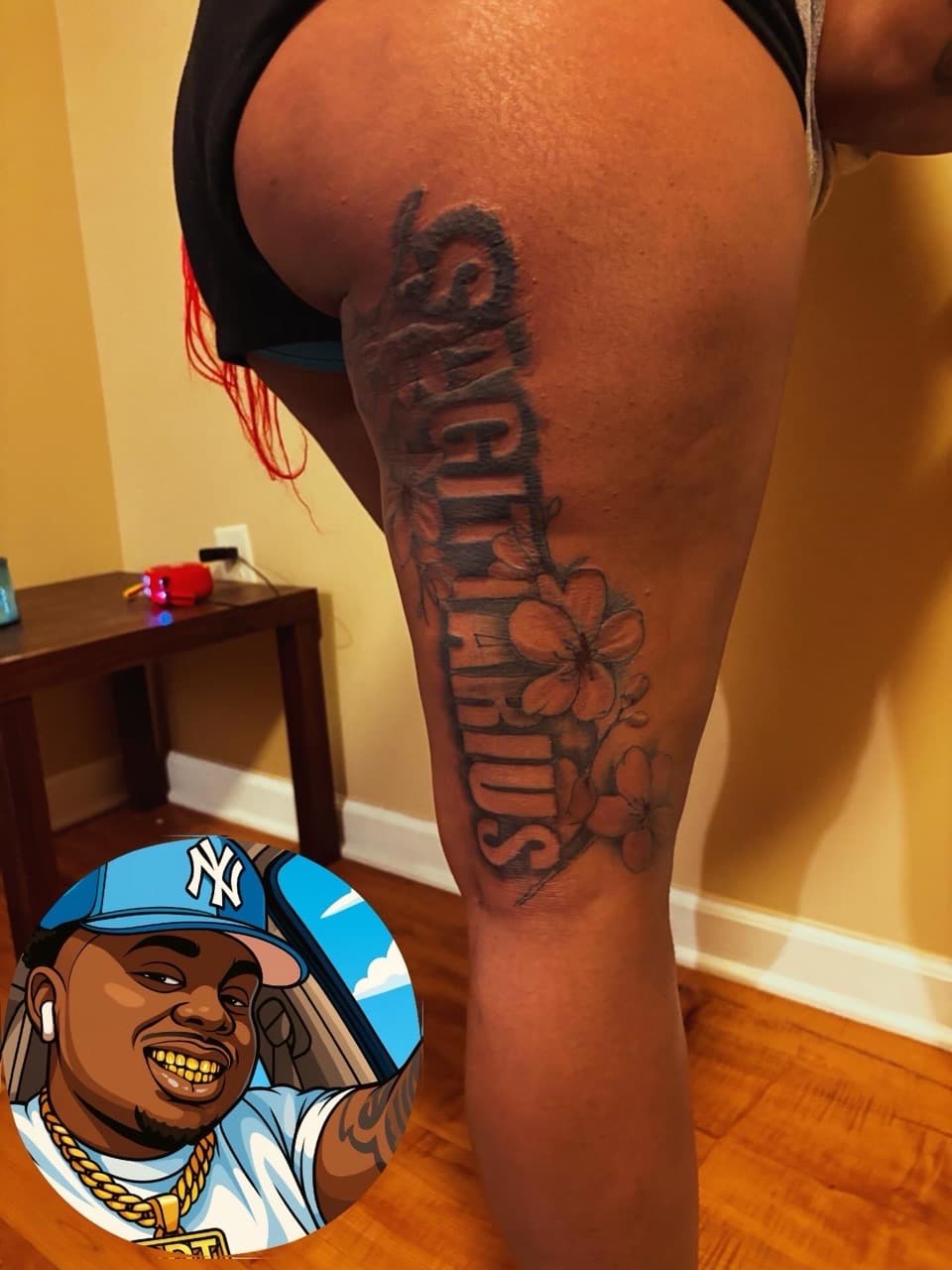 Lettering + Floral sagittarius tattoo on Thigh by 32_Incc_STUDIOS_LLC. on TattMe