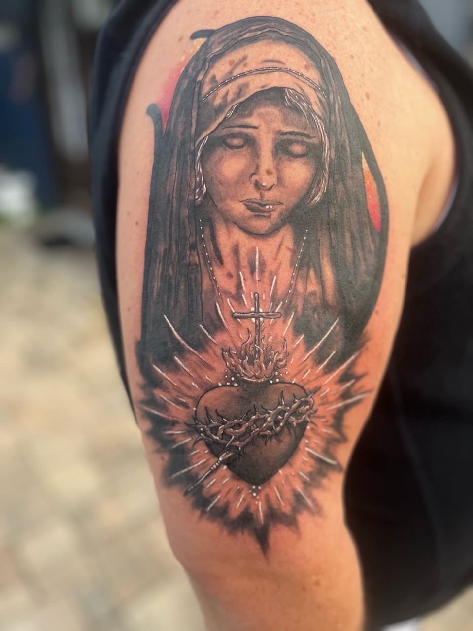 Black & Grey + Religious virgin mary tattoo on Upper Arm by Brogan_Tattoos on TattMe