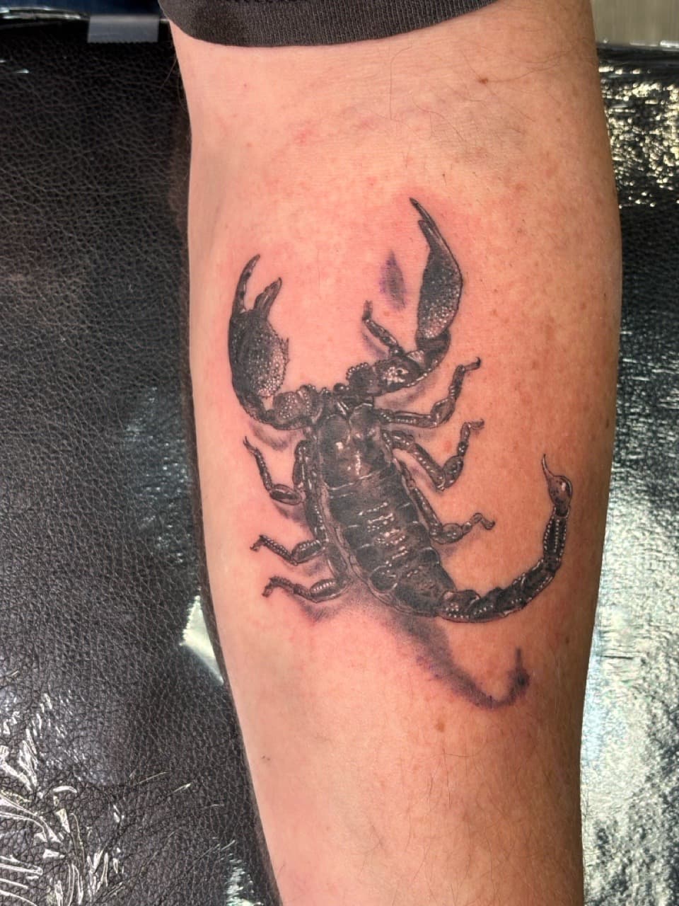 Realism + Black & Grey scorpion tattoo on Calf by Brogan_Tattoos on TattMe