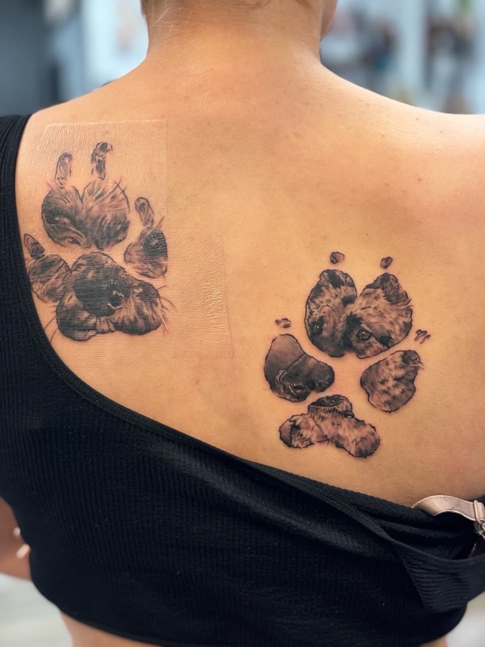 Black & Grey + Illustrative paw prints tattoo on Upper Back by Brogan_Tattoos on TattMe