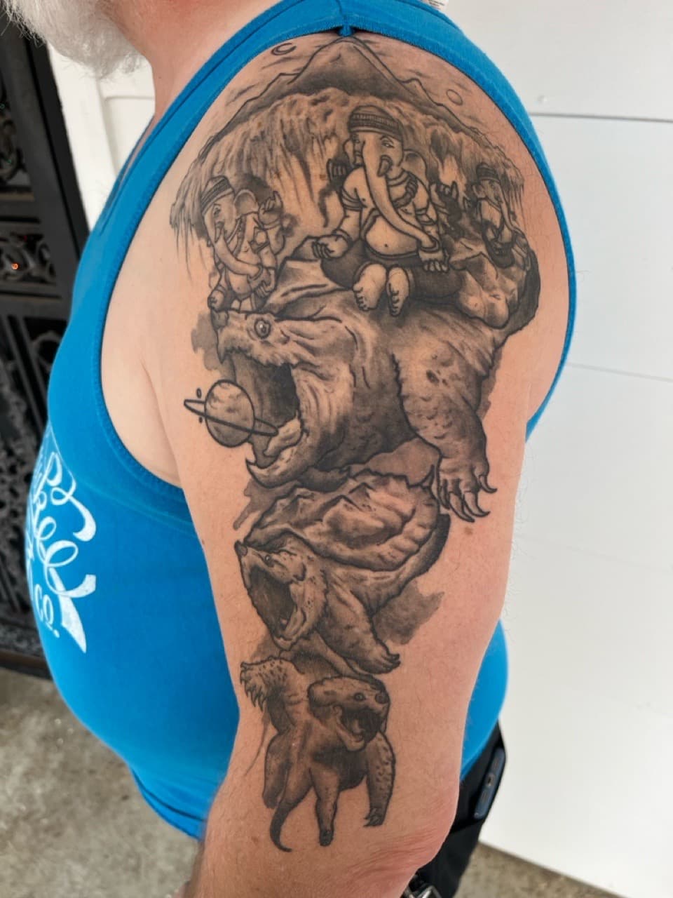 Black & Grey + Illustrative ganesha tattoo on Half Sleeve by Brogan_Tattoos on TattMe
