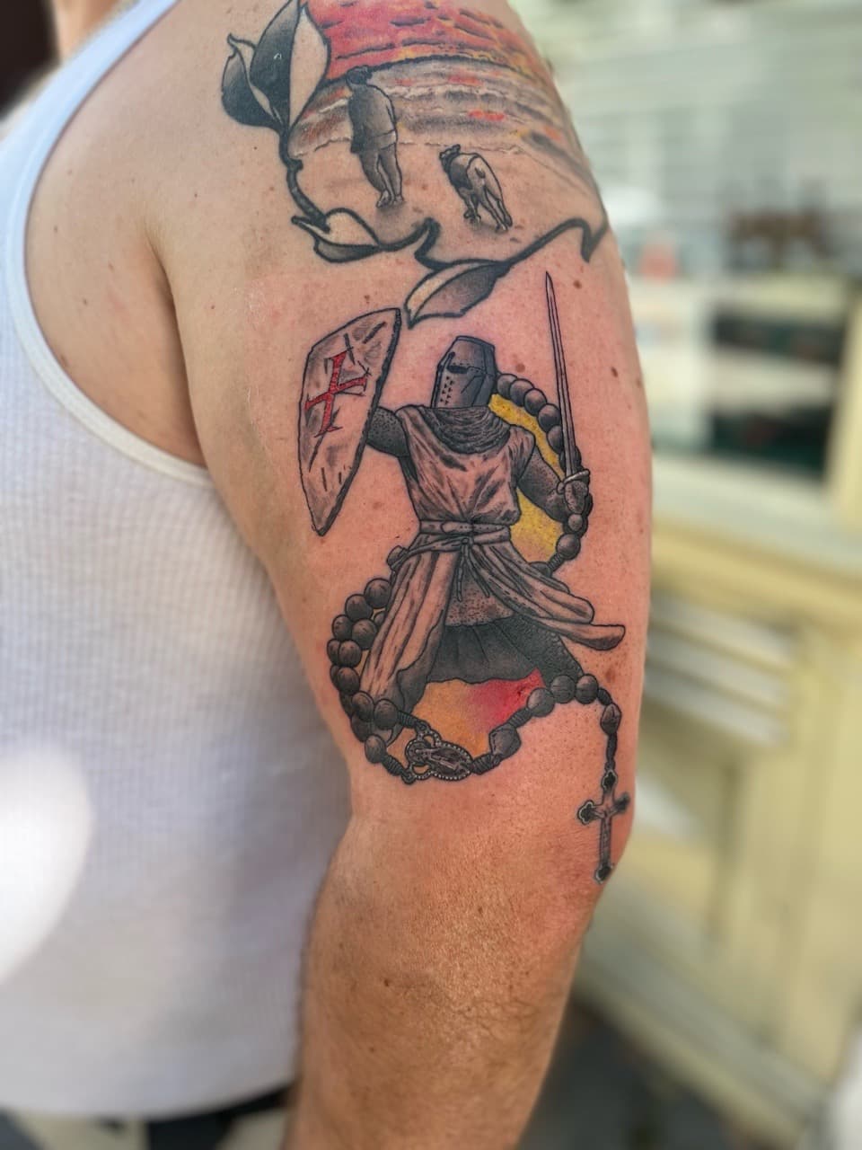 Illustrative + Color knight tattoo on Upper Arm by Brogan_Tattoos on TattMe