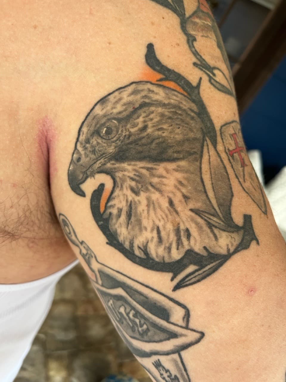 Black & Grey + Illustrative hawk tattoo on Upper Arm by Brogan_Tattoos on TattMe
