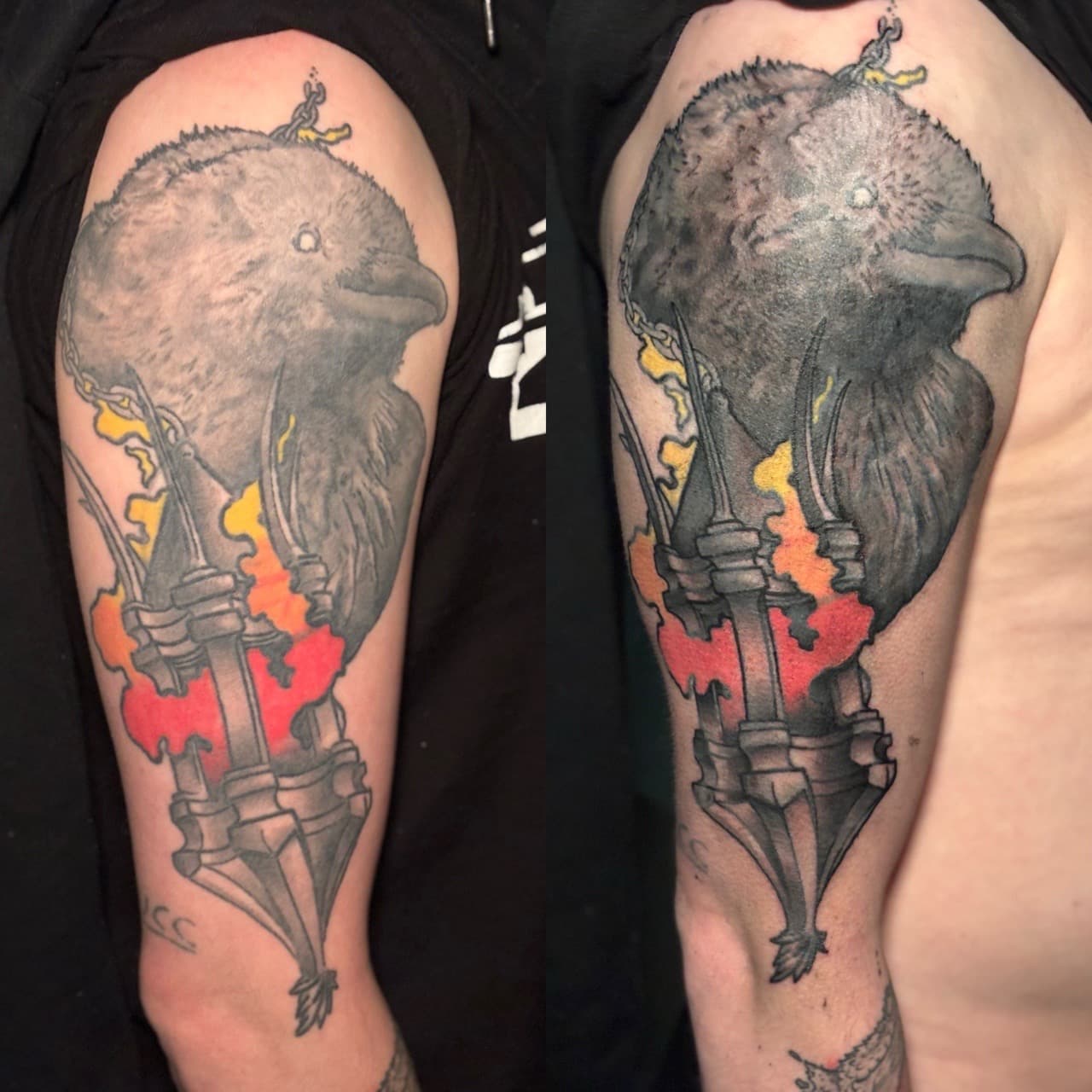 Black & Grey + Illustrative bird tattoo on Upper Arm by Brogan_Tattoos on TattMe