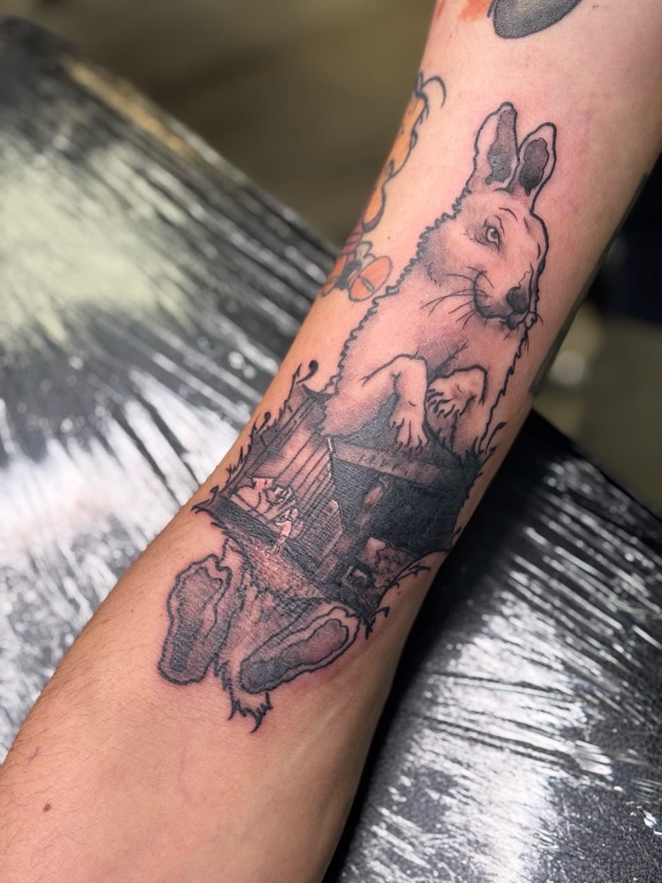 Black & Grey + Illustrative rabbit tattoo on Forearm by Brogan_Tattoos on TattMe