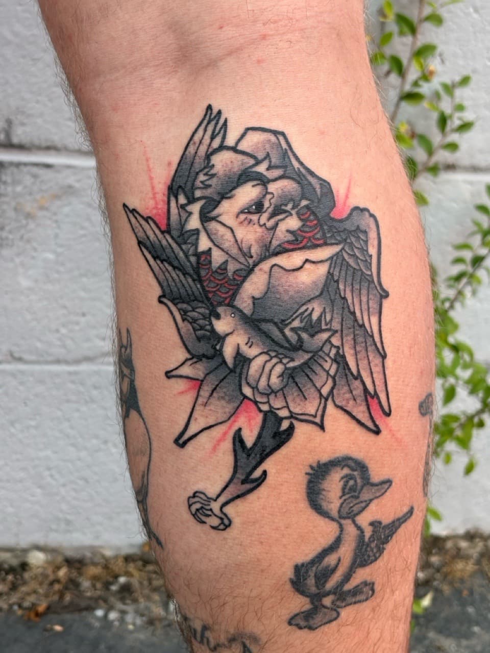 Neo-Traditional + American Traditional bird tattoo on Calf by Brogan_Tattoos on TattMe