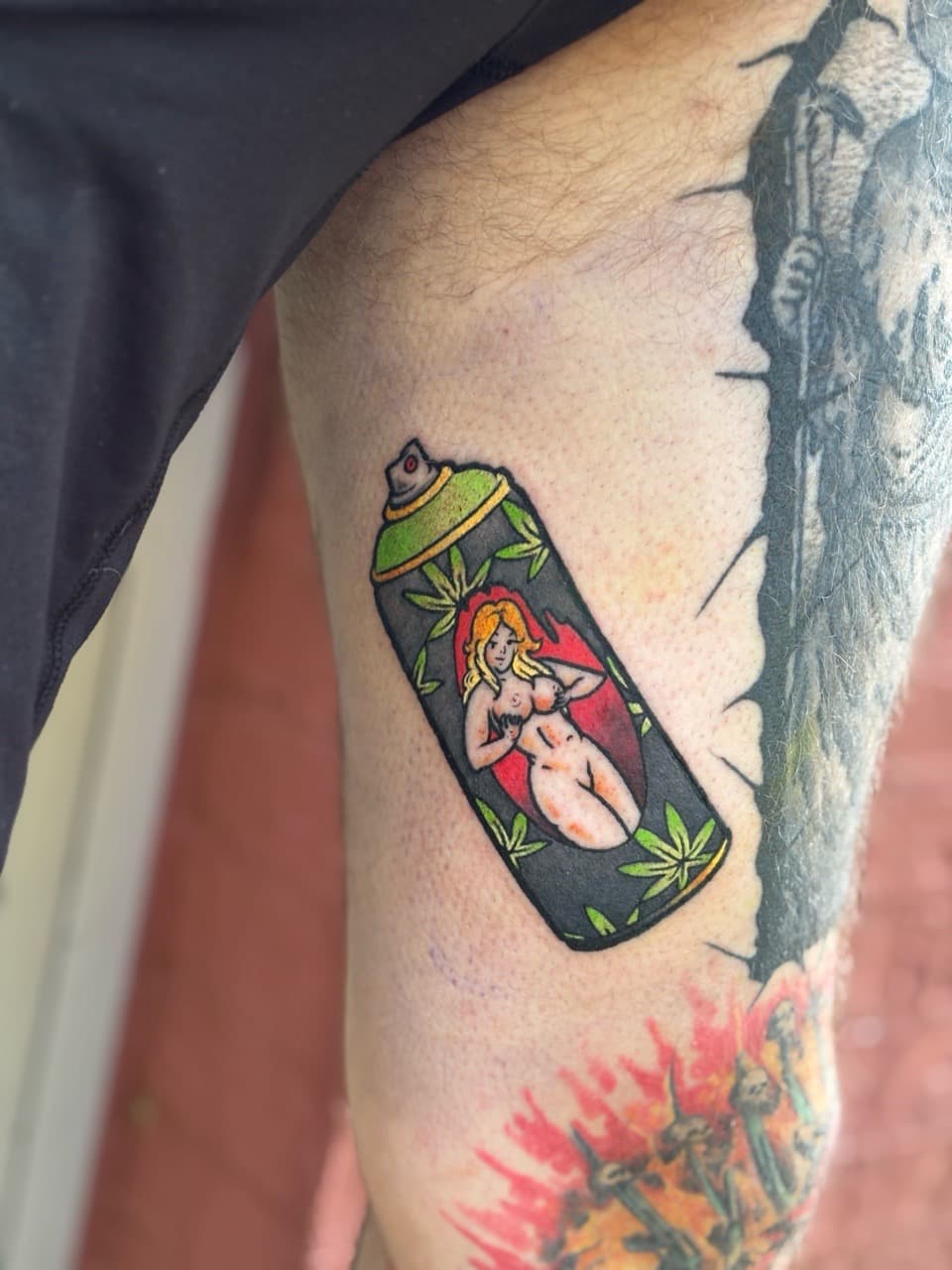 New School + Color spray can tattoo on Thigh by Brogan_Tattoos on TattMe