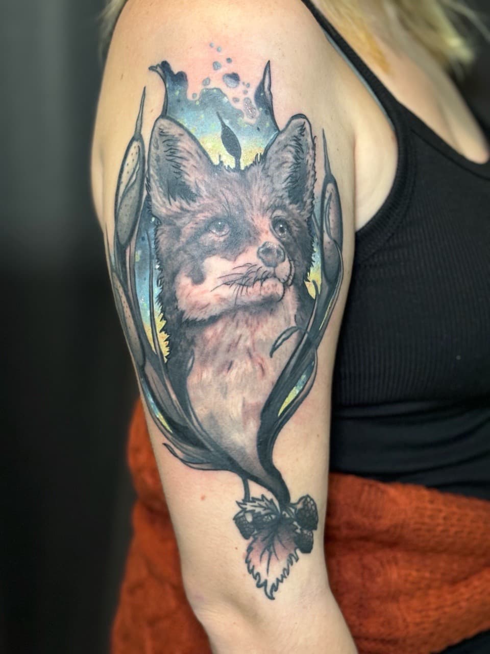 Realism + Illustrative fox tattoo on Upper Arm by Brogan_Tattoos on TattMe