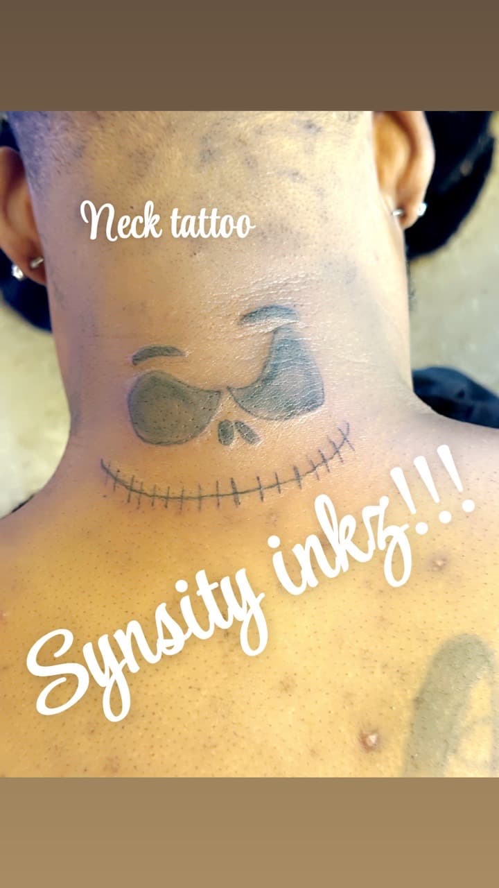 Black & Grey + Pop Culture skull tattoo on Neck (Back) by SynSity_Inkz on TattMe