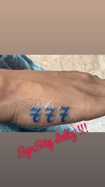 Lettering + Script 777 tattoo on Hand by SynSity_Inkz on TattMe
