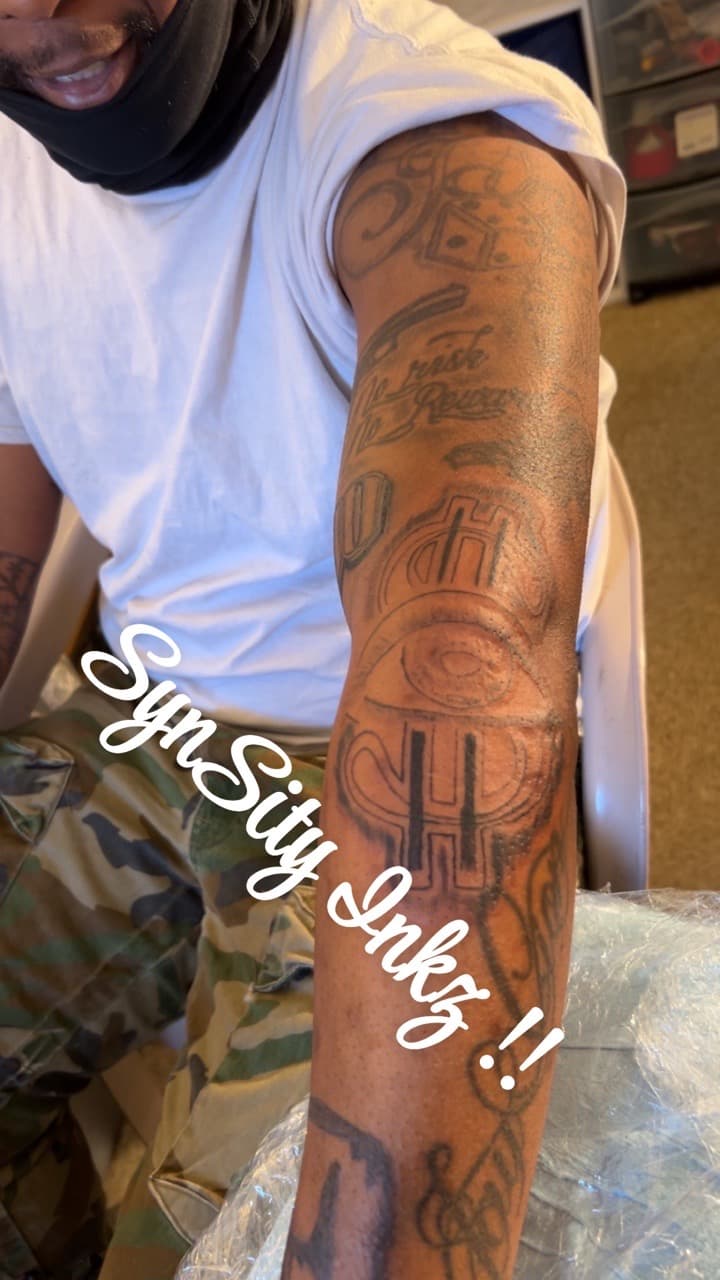 Lettering + Script dice tattoo on Full Sleeve by SynSity_Inkz on TattMe