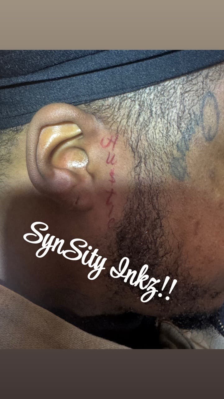Lettering + Script hustle tattoo on Face by SynSity_Inkz on TattMe