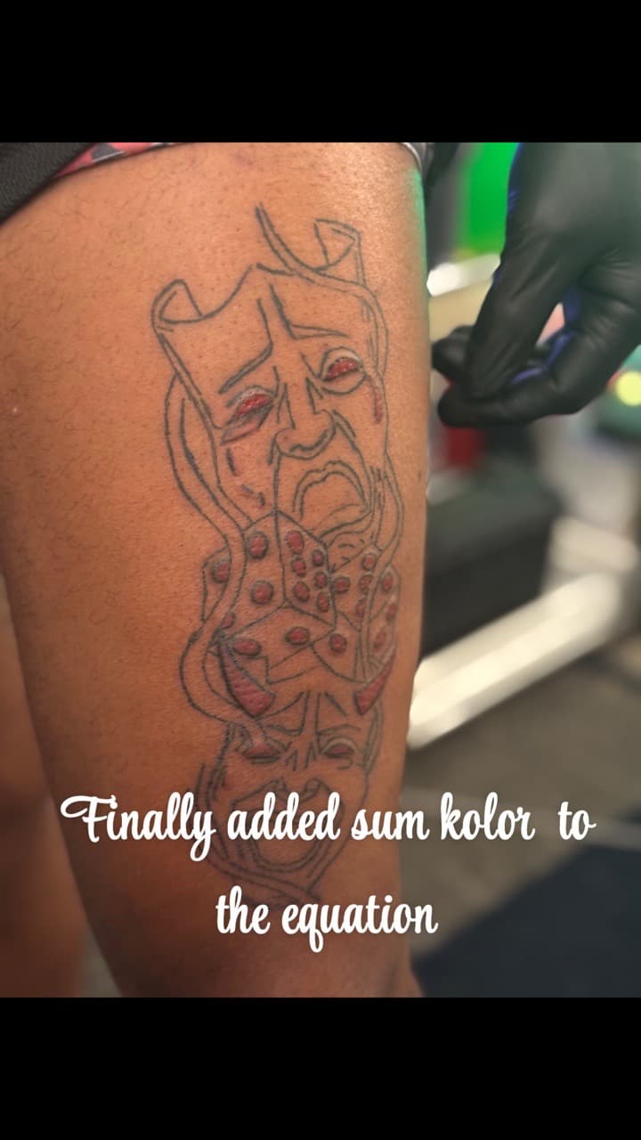 Illustrative + Line-work masks tattoo on Thigh by SynSity_Inkz on TattMe
