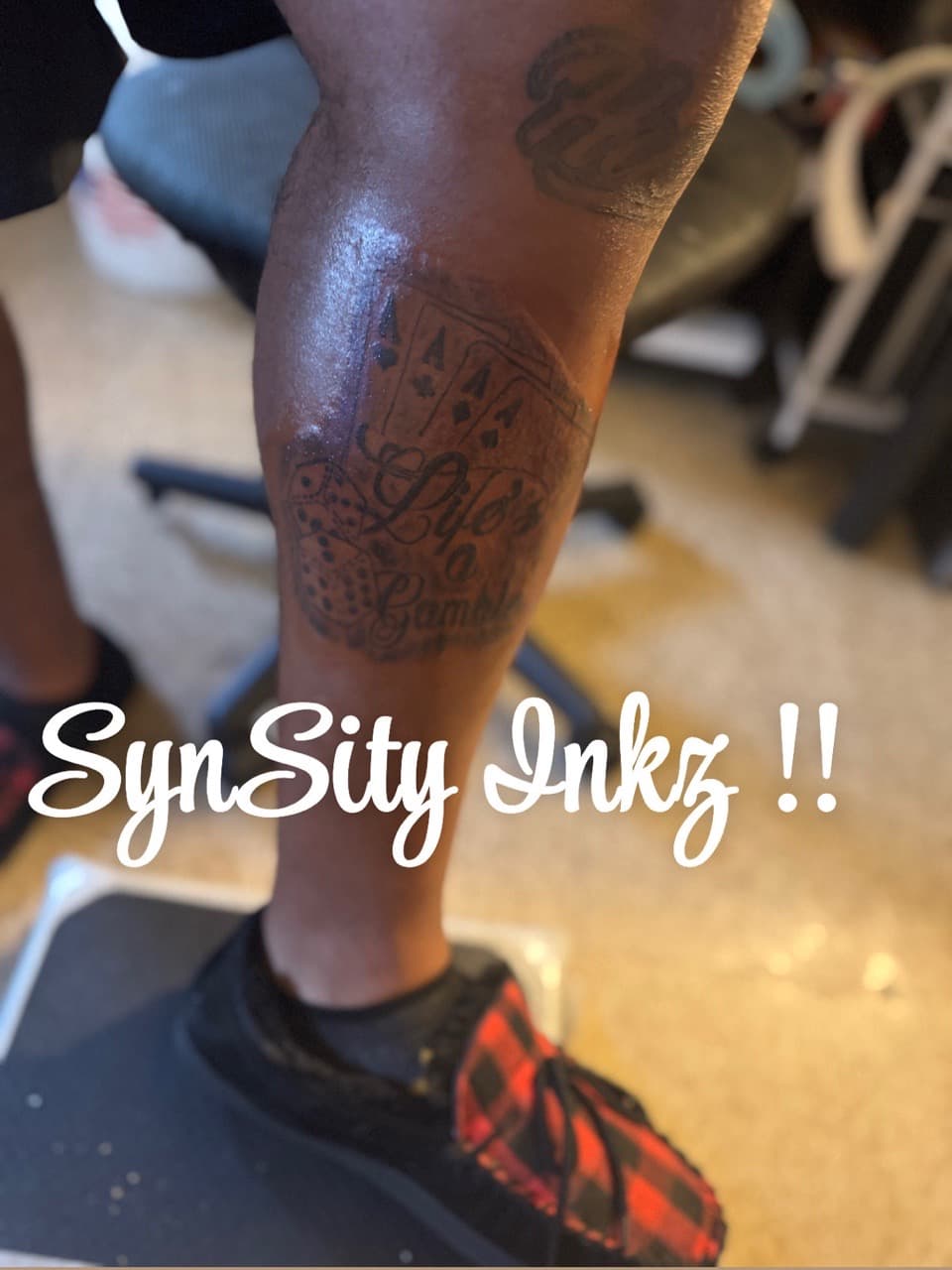 Black & Grey + Lettering playing cards tattoo on Calf by SynSity_Inkz on TattMe