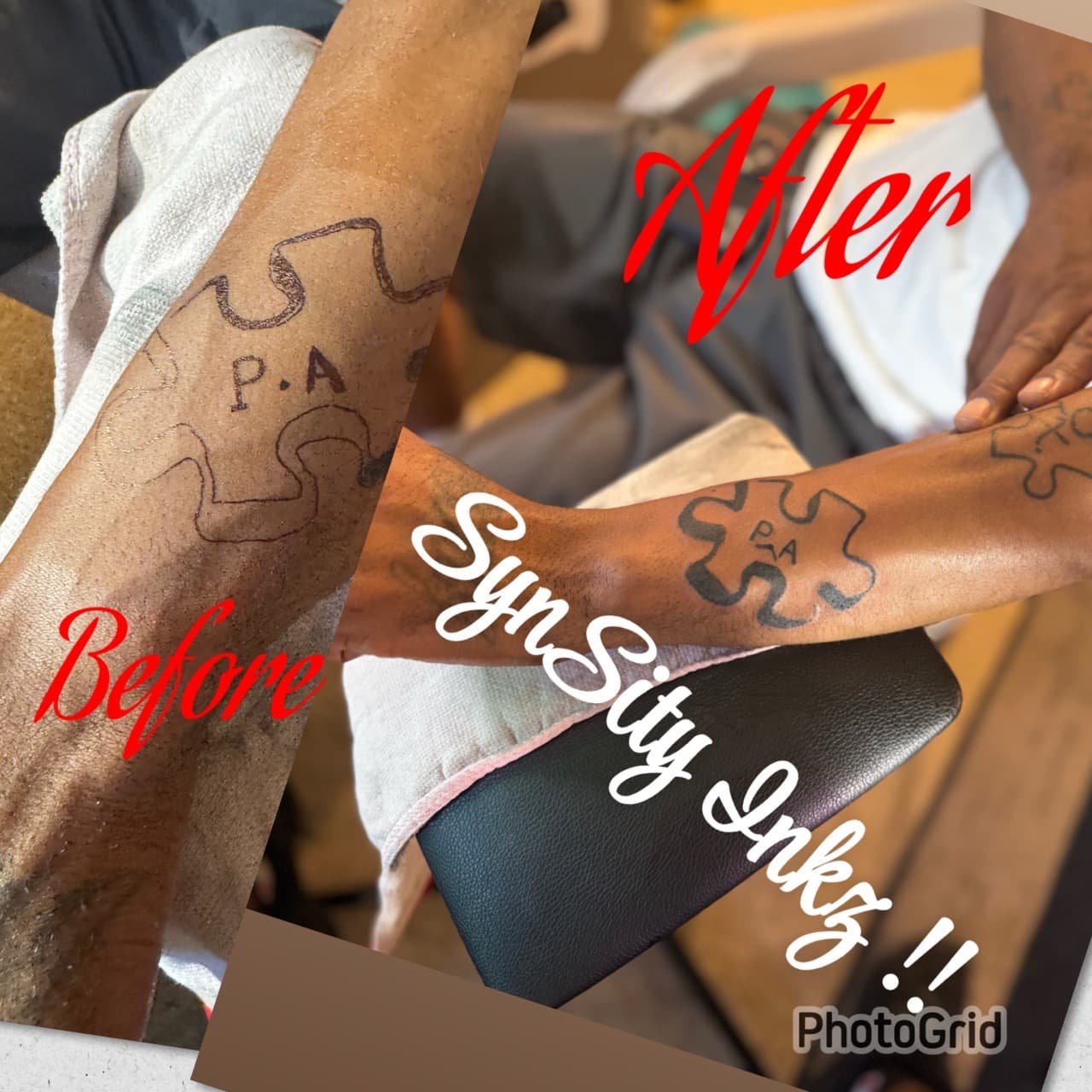 Black-work + Lettering puzzle piece tattoo on Forearm by SynSity_Inkz on TattMe