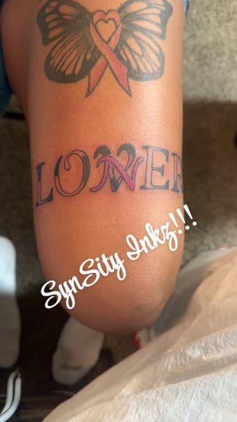 Lettering + Color butterfly tattoo on Knee by SynSity_Inkz on TattMe