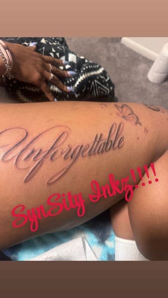 Lettering + Script lettering tattoo on Thigh by SynSity_Inkz on TattMe