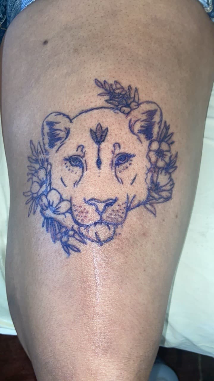 Fine Line + Floral lioness tattoo on Thigh by THE_KREATERZ on TattMe