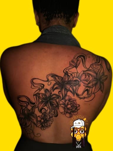 Floral + Black-work flowers tattoo on Upper Back by Artbydabee on TattMe