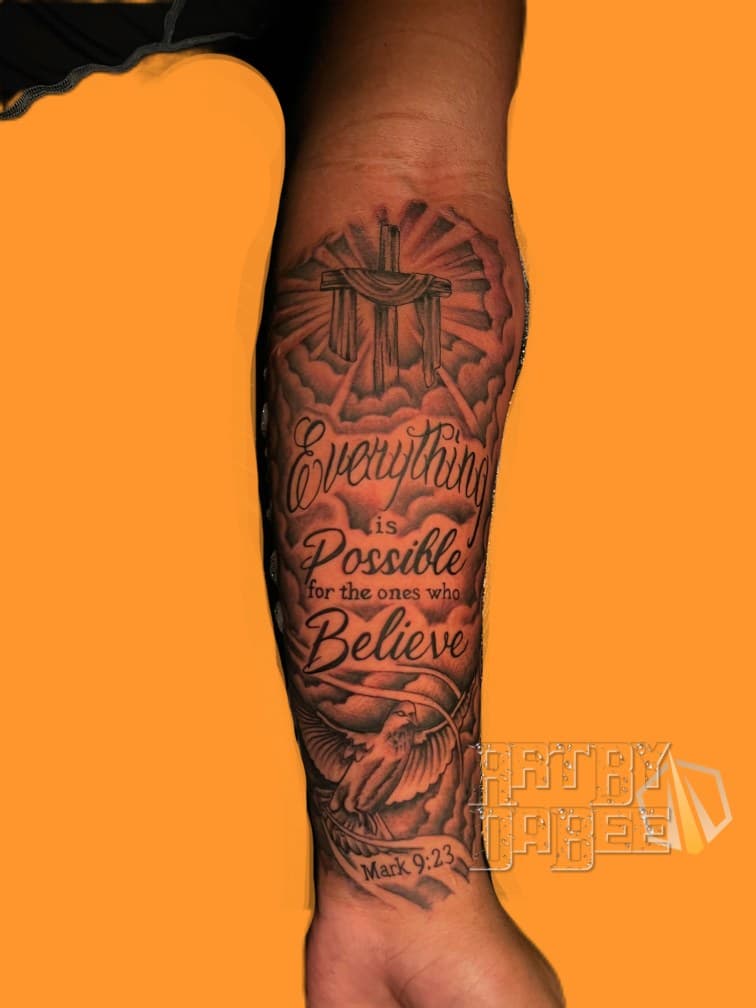 Black & Grey + Lettering cross tattoo on Forearm by Artbydabee on TattMe