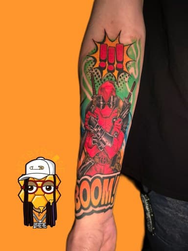 New School + Pop Culture deadpool tattoo on Forearm by Artbydabee on TattMe