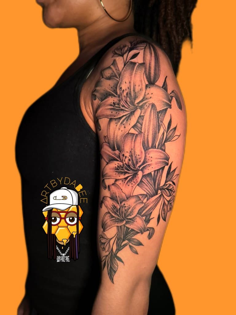 Black & Grey + Floral lilies tattoo on Half Sleeve by Artbydabee on TattMe