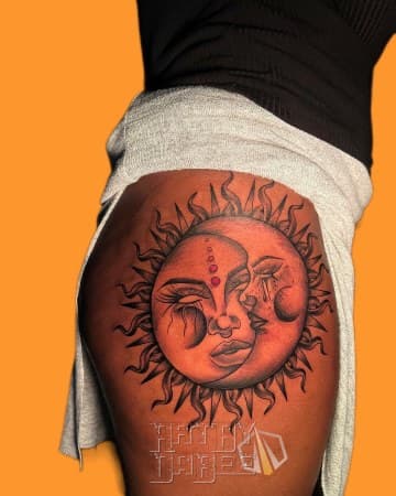 Illustrative + Black & Grey sun tattoo on Hip by Artbydabee on TattMe