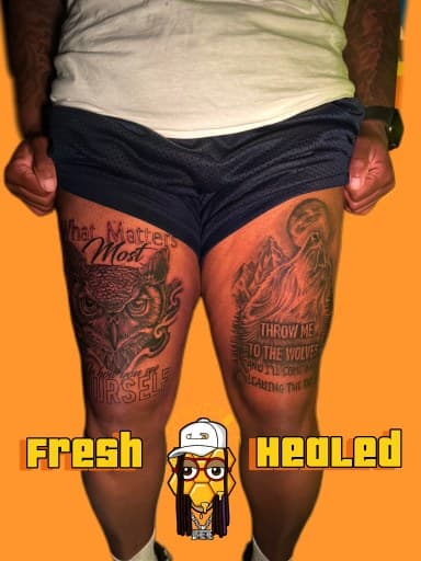 Black & Grey + Illustrative owl tattoo on Thigh by Artbydabee on TattMe