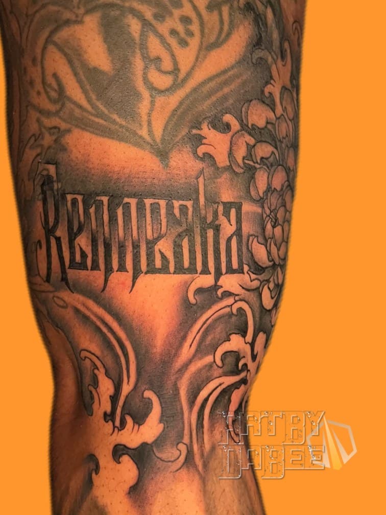Lettering + Japanese chrysanthemum tattoo on Calf by Artbydabee on TattMe