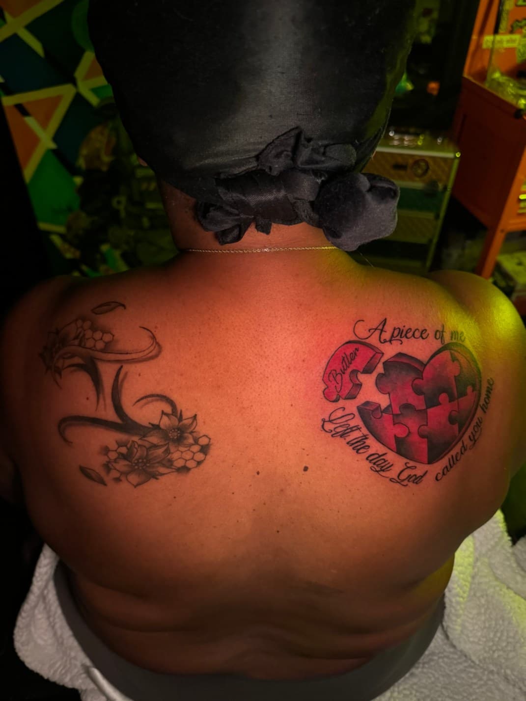 Lettering + Color puzzle tattoo on Shoulder Blade by Artbydabee on TattMe