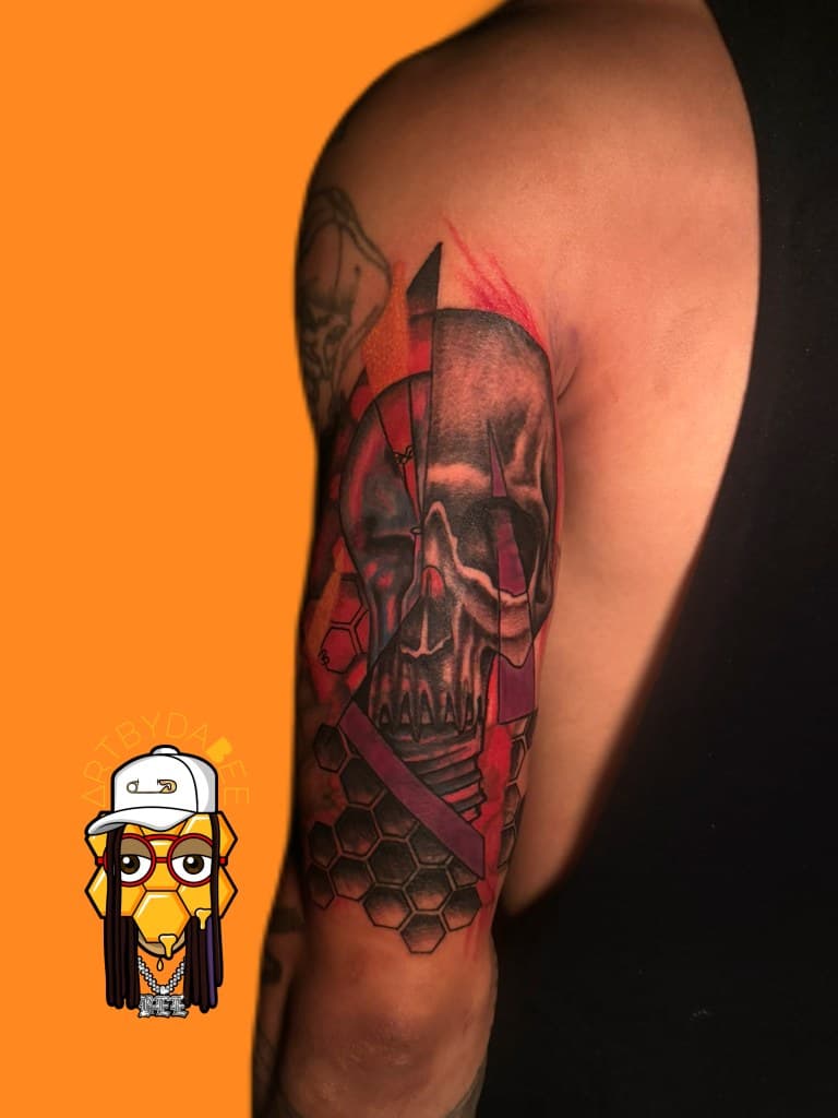 Geometric + Black & Grey skull tattoo on Upper Arm by Artbydabee on TattMe