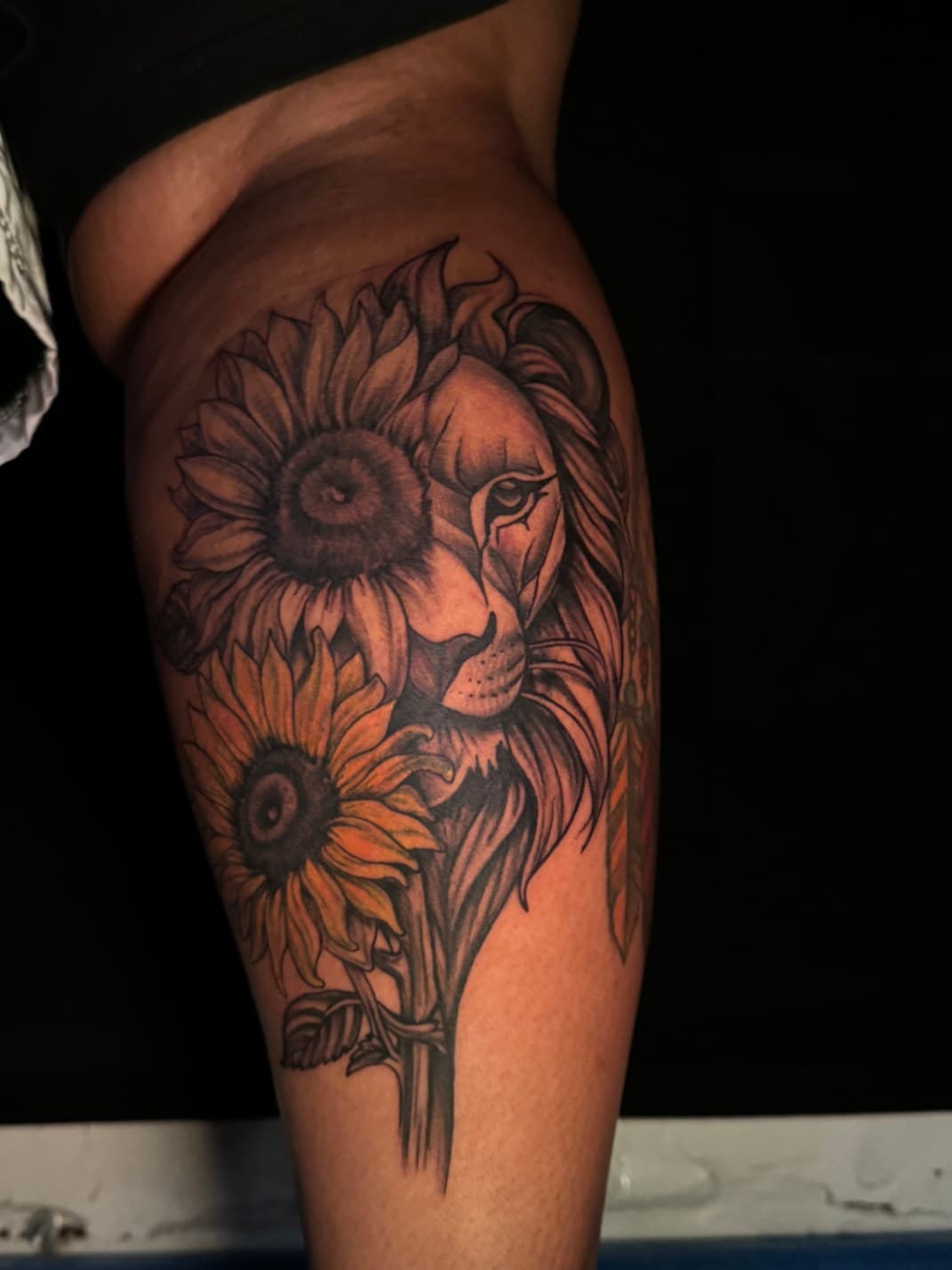 Black & Grey + Color lion tattoo on Thigh by Artbydabee on TattMe