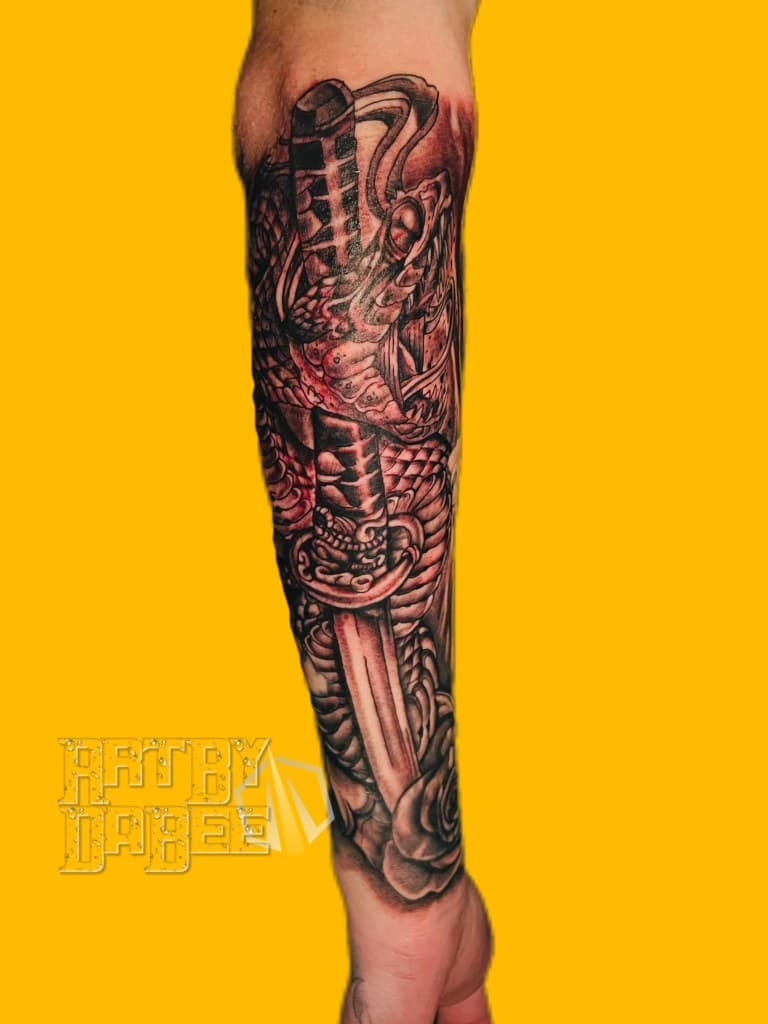 Black & Grey + Japanese katana tattoo on Forearm by Artbydabee on TattMe