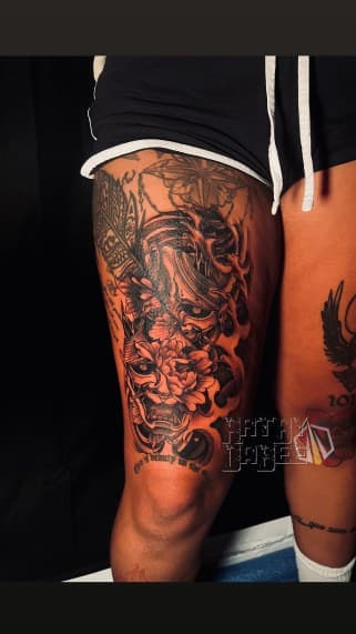 Japanese + Black & Grey hannya mask tattoo on Thigh by Artbydabee on TattMe