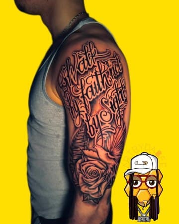 Lettering + Script dove tattoo on Half Sleeve by Artbydabee on TattMe