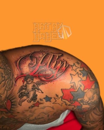 Lettering + Script cherub tattoo on Shoulder by Artbydabee on TattMe