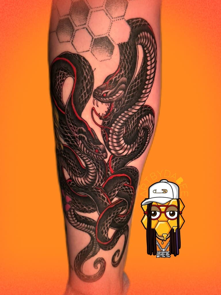 Black-work + Dot-work snakes tattoo on Calf by Artbydabee on TattMe