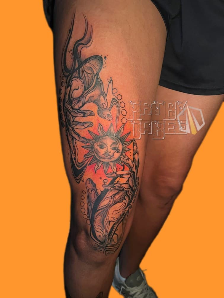 Fine Line + Black & Grey hands tattoo on Thigh by Artbydabee on TattMe
