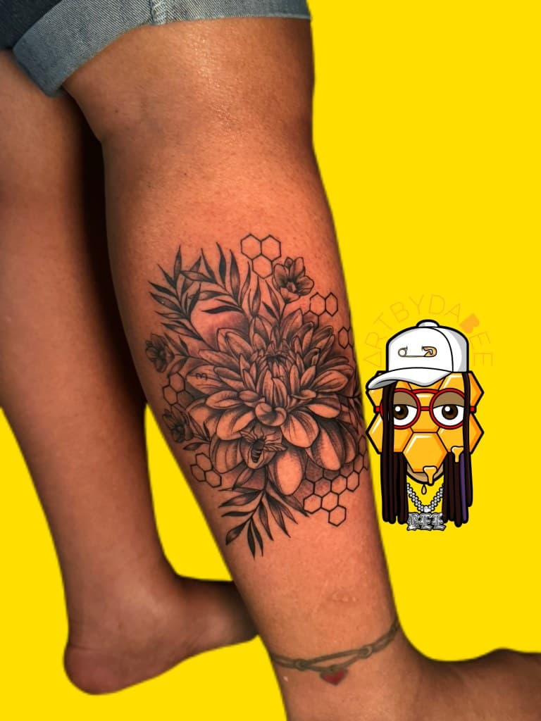 Black & Grey + Floral flowers tattoo on Calf by Artbydabee on TattMe