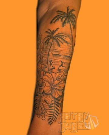 Black & Grey + Illustrative palm trees tattoo on Forearm by Artbydabee on TattMe