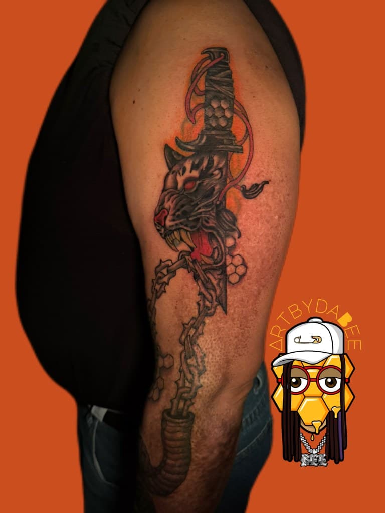 Neo-Traditional + Illustrative panther tattoo on Upper Arm by Artbydabee on TattMe