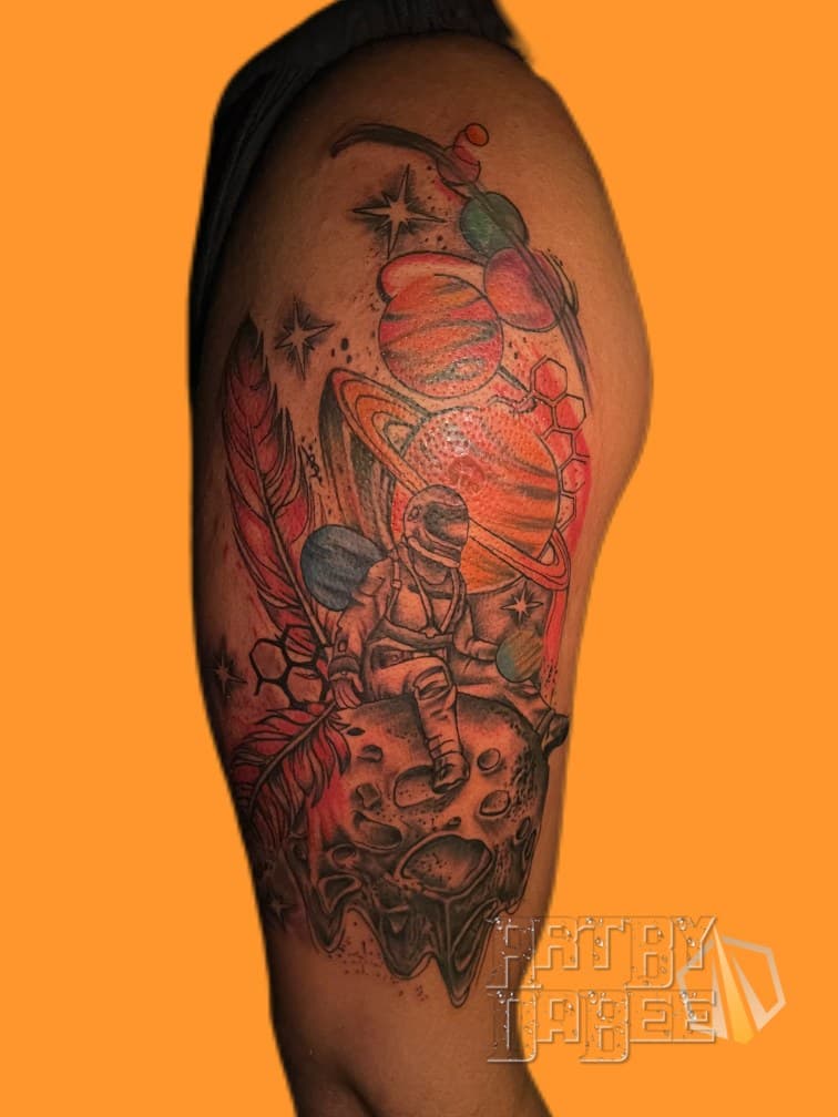 Color + Illustrative astronaut tattoo on Upper Arm by Artbydabee on TattMe